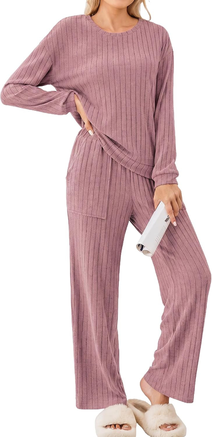 Ekouaer Lounge Sets Ribbed Knit Pajama Sets 2 Piece Soft Loungewear Outfits | Amazon (US)
