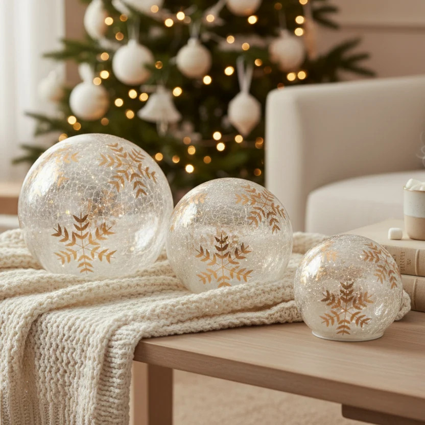 LED Timer Gold Snowflake Crackled Globe Set | MJHome