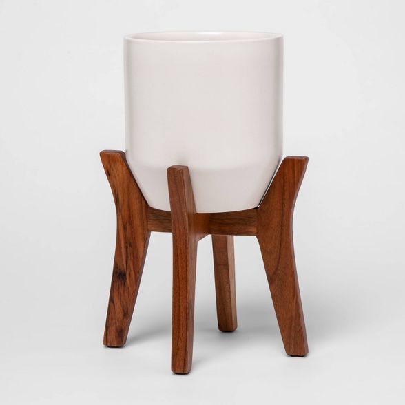 Faceted Ceramic Planter in Wood Stand White/Brown - Project 62™ | Target