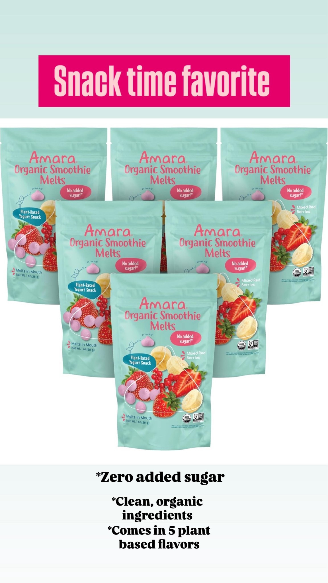 Zero added sugar, organic, clean ingredients, and comes in 5 plant based flavors. These smoothie melts are our kiddos favorite and I do not have to feel guilty about giving it to them because of too many extra sugars. 

#LTKBaby #LTKSaleAlert #LTKFindsUnder50