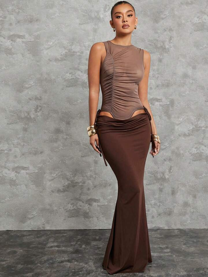 SHEIN Haute Asymmetric Ruched Sleeveless Top & Maxi Dress Set | SHEIN USA | SHEIN