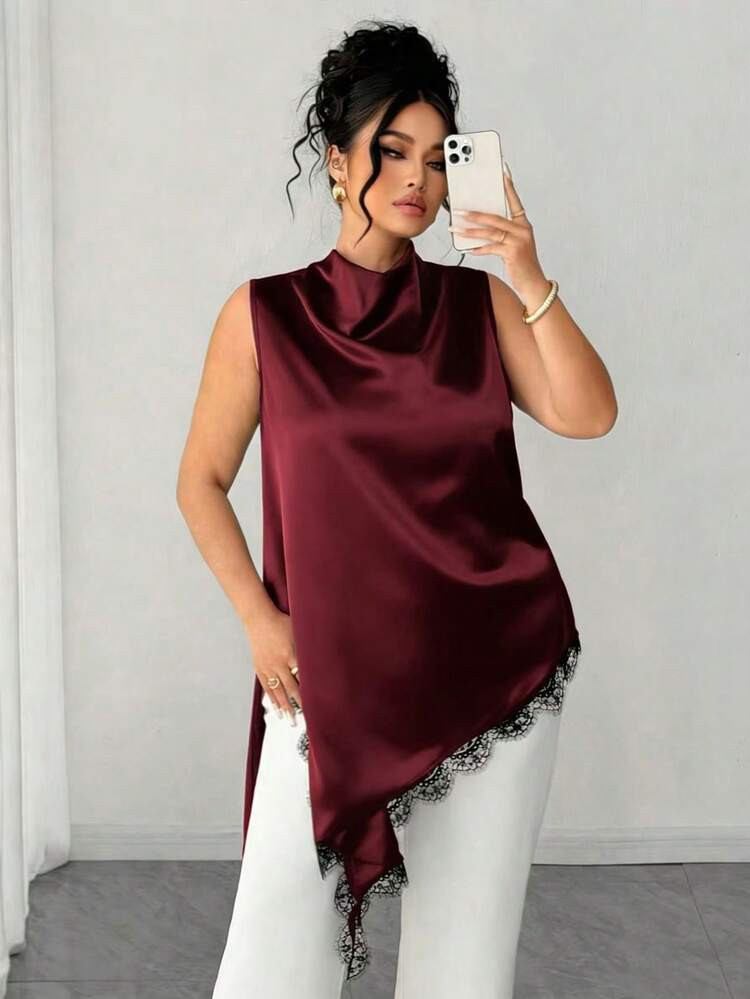 Elenzga Plus Size Women's Sleeveless Burgundy Satin Top, Elegant Autumn Lace Hem Asymmetrical Shi... | SHEIN