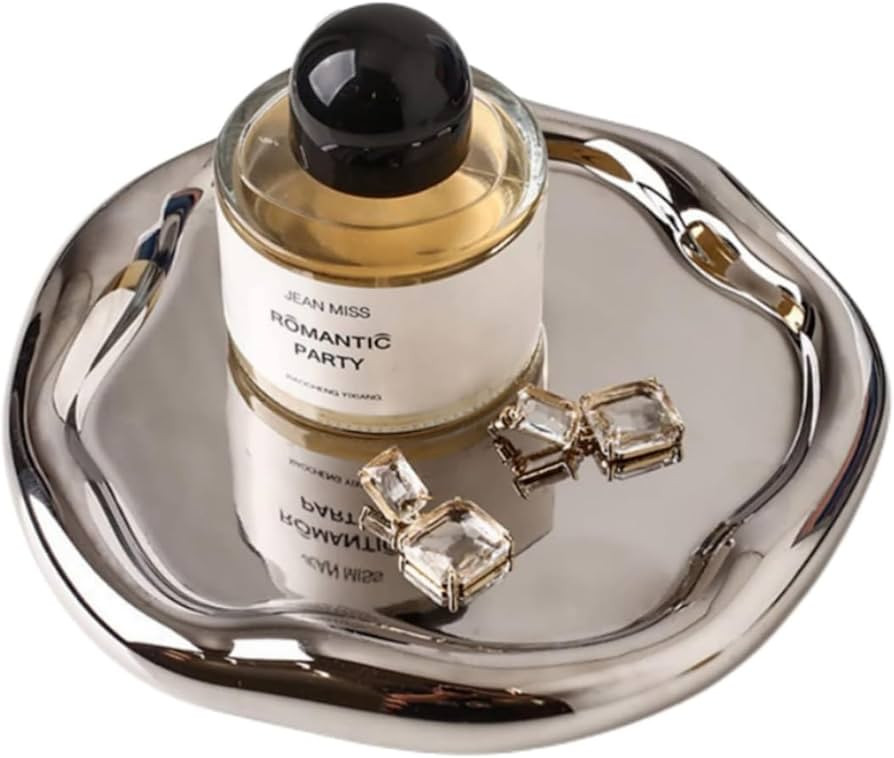 Silver Tray Decorative Vanity Tray Bathroom Tray Jewelry Dish Ceramic Silver Round Plate Holder M... | Amazon (US)