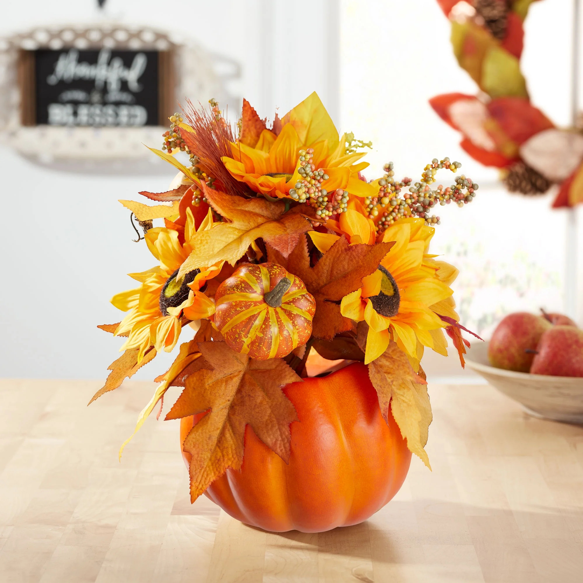 Way to Celebrate Harvest Orange Pumpkin and Sunflower Tabletop Decoration | Walmart (US)