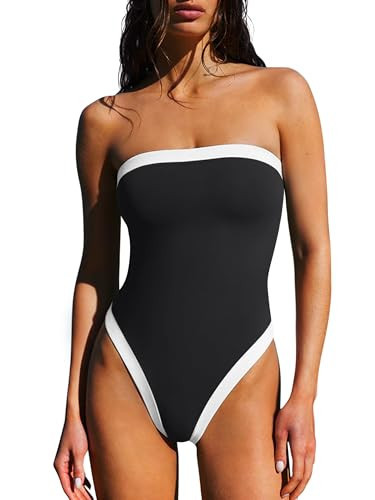 Black Swim Suits for Women 2026 Beach Wear Sexy One Piece Swimsuit Color Block Bandeau Strapless Padded Full Coverage Vacation Outfits Buit in Bra(Black X-Large) | Amazon (US)