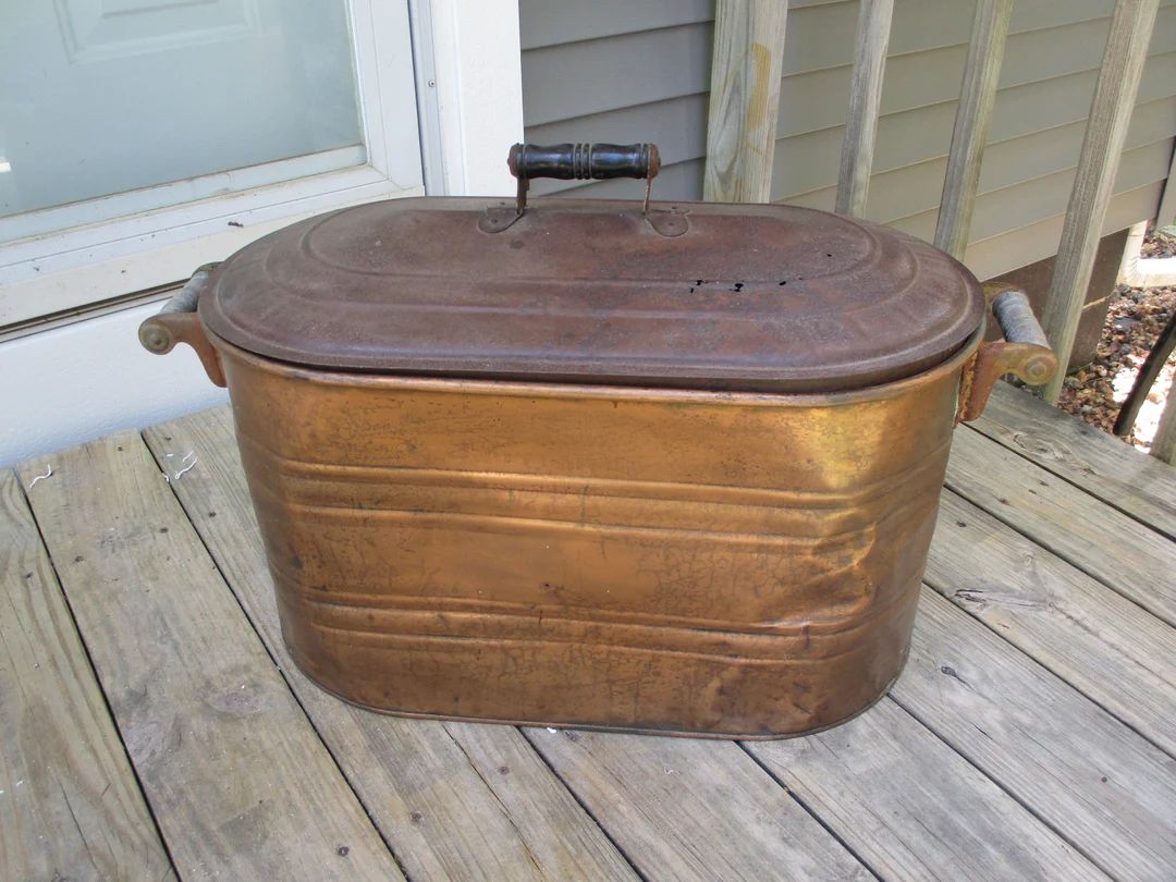 antique copper boiler wash tub,copper boiler with cover wood handles,garden planter,fireplace dec... | Etsy (US)