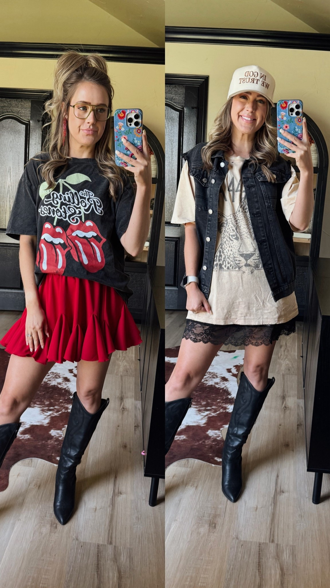 Oversized graphic tees. Band tees. Edgy concert style. Edgy Boho western style. Slip skirt style layering style. Denim black vest. Black western boots. Concert style. Concert outfit Inspo.

#LTKFindsUnder50 #LTKSummerEdit #LTKStyleTip