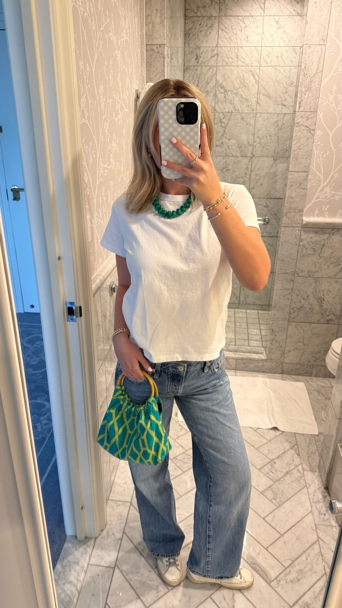 White tee is J crew 
Jeans are Just Black Denim 
Shoes are Golden Goose