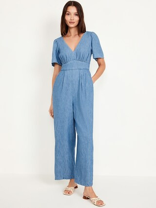 Waist-Defined Puff-Sleeve Jumpsuit | Old Navy (US)