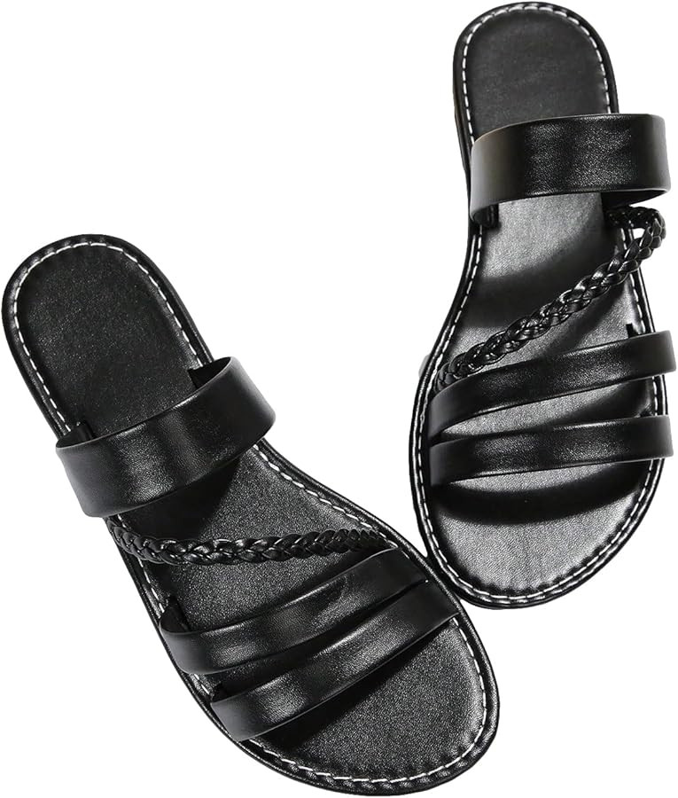 Verdusa Women's Braided Strappy Flat Sandals Black Sandals Black Slide Sandals 2025 Amazon Sandals | Amazon (US)