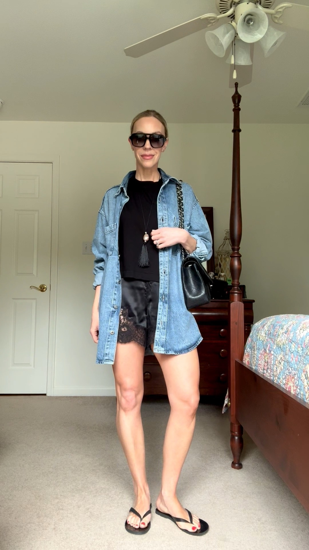 Lace shorts styled with cropped tee, oversized denim shirt, pendant necklace

#LTKSeasonal #LTKOver40 #LTKSaleAlert