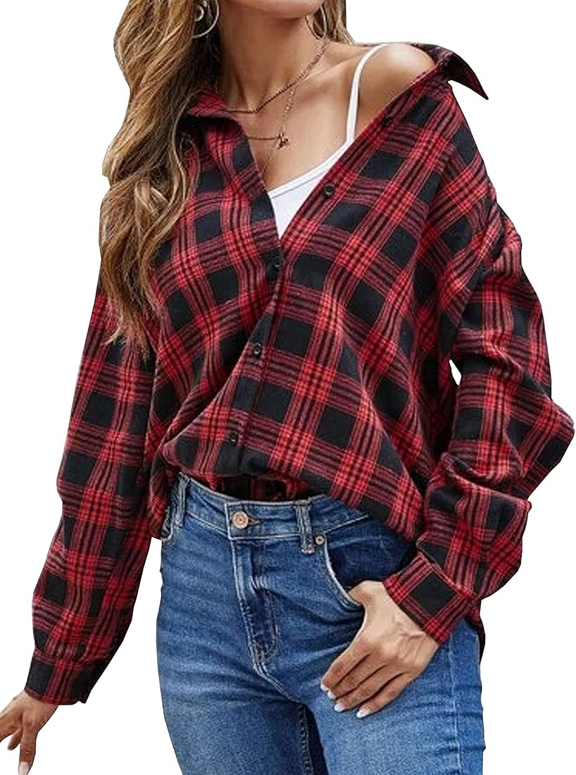 Lumister Womens' Oversized Flannel Plaid Shirt Long Sleeve Drop Shoulder Lapel Button Down Shirt ... | Amazon (US)