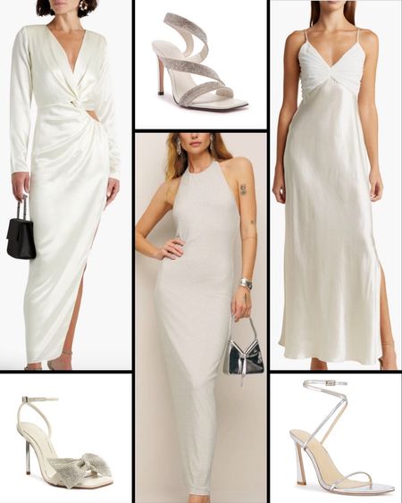 Long party + wedding guest dresses with heeled sandals in winter white and gold tones. Dresses are midi and maxi lengths. 

#LTKshoecrush #LTKSeasonal #LTKparties