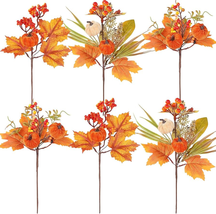 6pcs Fall Floral Picks 11" Autumn Velvet Pumpkin Berry Picks Maple Leaves Stems Artificial Fall F... | Amazon (US)