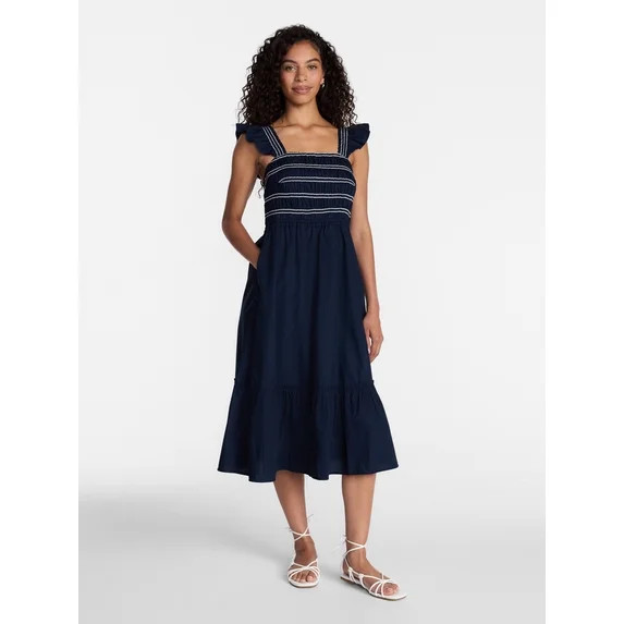 Time and Tru Women's and Women's Plus Smocked Bodice Midi Dress, Sizes XS-4X | Walmart (US)