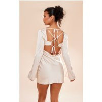 Champagne Long Flare Sleeve Satin Strappy Back Shift Dress | PrettyLittleThing US