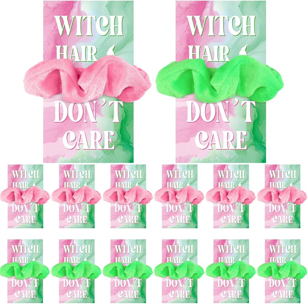 12 Sets Halloween Witch Party Favors Pink and Green Scrunchies with Witch Hair Don't Care Cards S... | Amazon (US)