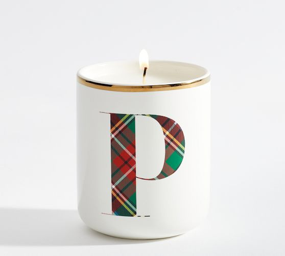 Stewart Plaid Alphabet Scented Candle - Winter Spruce | Pottery Barn (US)