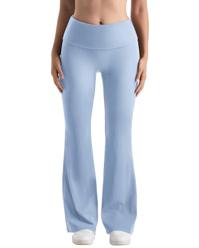MOOSLOVER Women Flare Leggings Fold Over Bootcut Yoga Pants Casual Y2K Lounge Pants Comfy Cotton Leggings(L,Baby Blue) | Amazon (US)