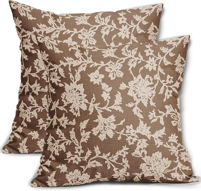 Brown Floral Pillow Covers 18x18 Set of 2 Brown Cream Vintage Flower Block Print Pattern Decorati... | Amazon (US)
