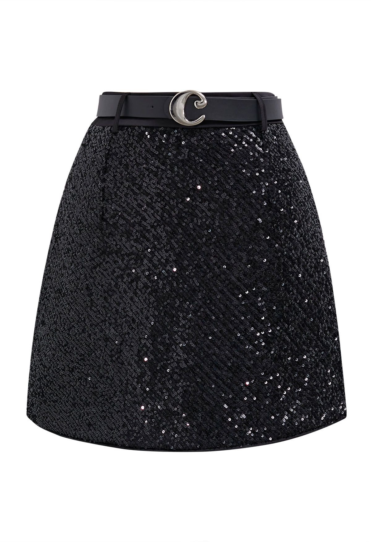 Sparkling Sequin Belted Mini Bud Skirt in Black | Chicwish