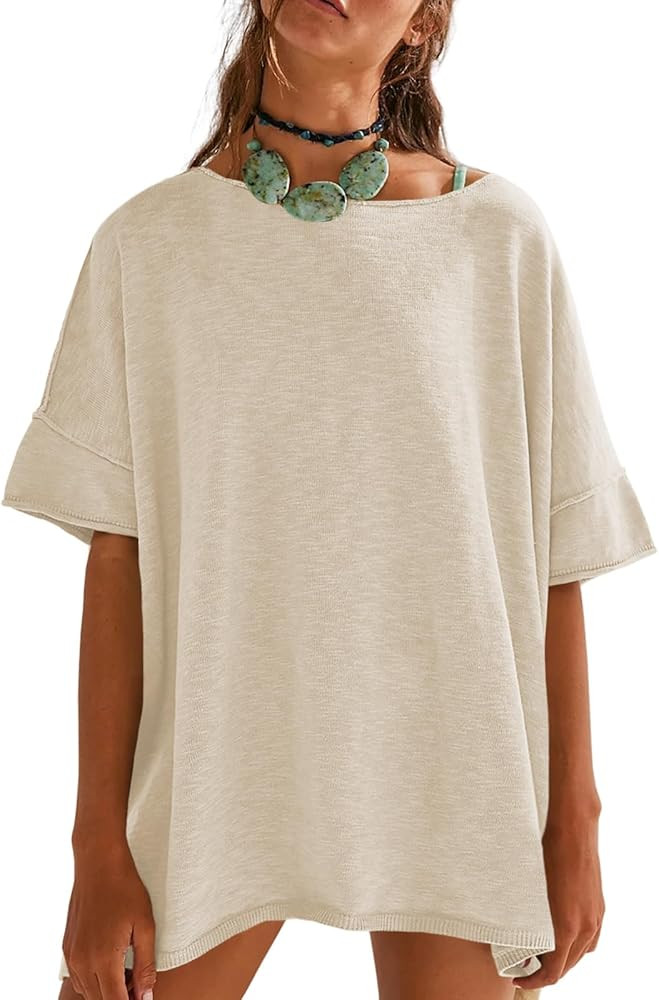 Tankaneo Women's Oversized T Shirts Casual Summer Crew Neck Loose Dropped Short Sleeve Side Slit ... | Amazon (US)