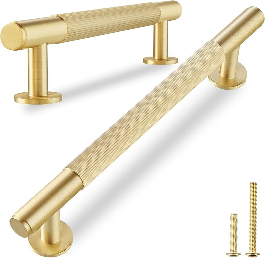QOGRISUN 10-Pack Solid Brass Cabinet Pulls, Grooved Gold Bar Handles, 5-Inch Hole Center for Kitc... | Amazon (US)