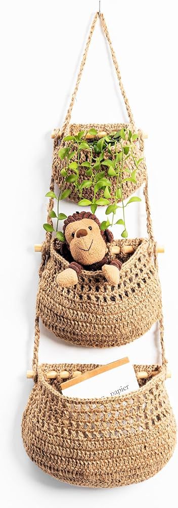 Amazon.com - Hanging Fruit Basket, 3 Tier Woven Jute Wall Hanging Basket for Organizing, Hanging ... | Amazon (US)