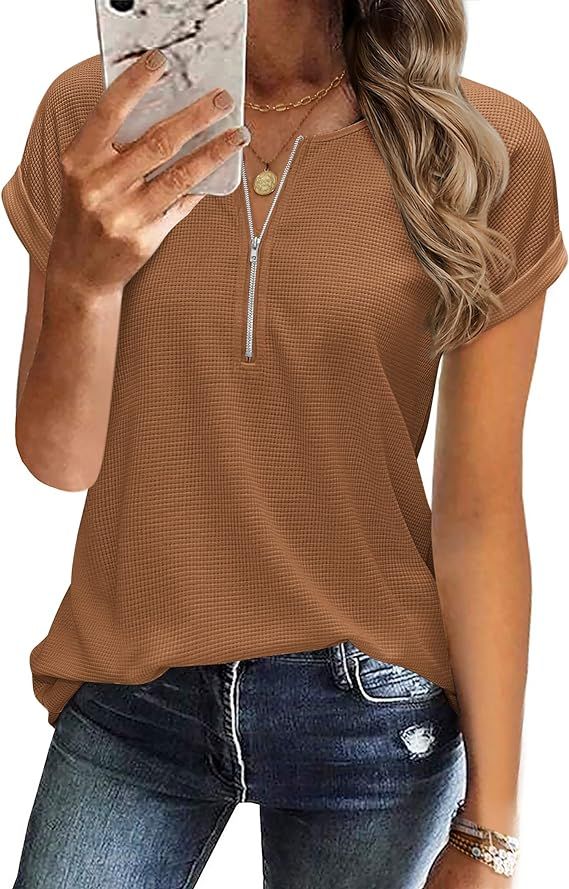 Zeagoo Women's Casual Rolled Short Sleeve Tops Half Zip Shirts Loose Waffle Knit T Shirts Blouse | Amazon (US)