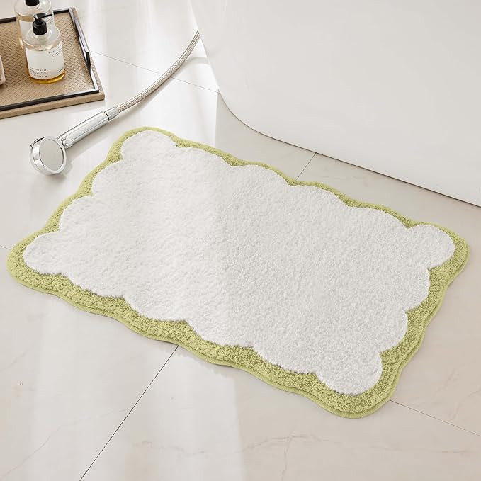 Luxury Microfiber Bathroom Rugs, White Bath Rug with Grass Green Scalloped Piping Cute Aesthetic ... | Amazon (US)