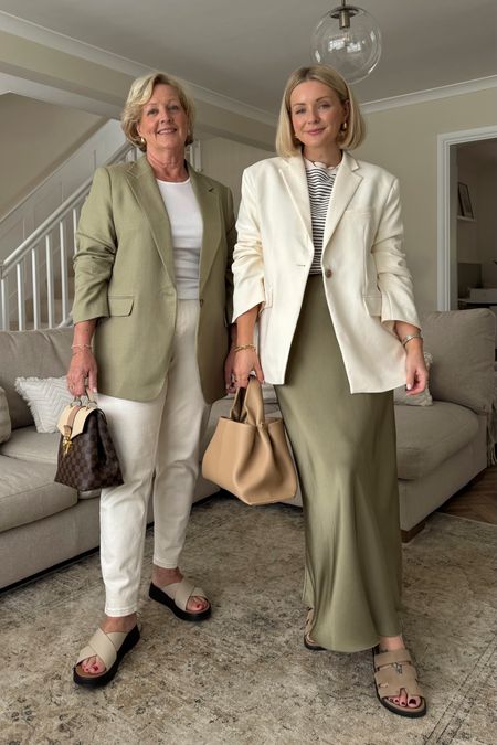 Styling olive green and cream with my mum ✨ blazer outfit - cream jeans - satin skirt - spring looks 