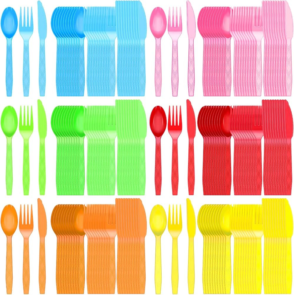 Hoolerry 180 Pcs Disposable Colorful Plastic Silverware Set Neon Party Rainbow Plastic Cutlery Ut... | Amazon (US)