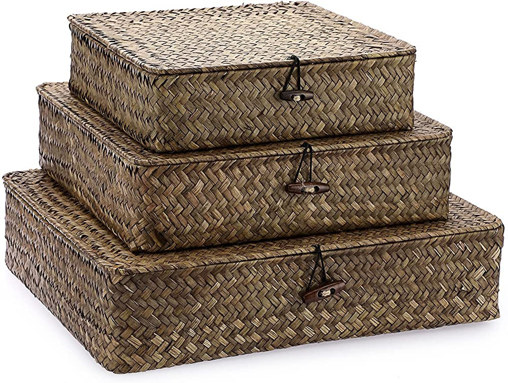 Hipiwe Set of 3 Flat Wicker Storage Bins with Lid Handwoven Natural Seagrass Shelf Baskets Boxes ... | Amazon (US)