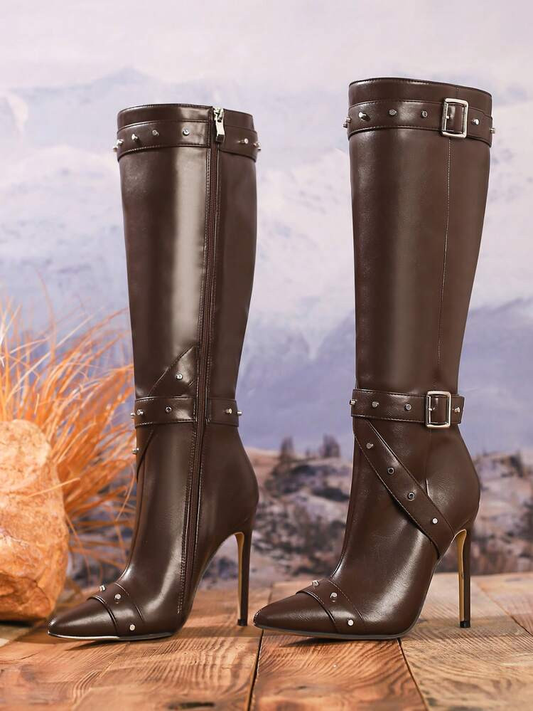 Fashion Leather Strap Metal Buckle Studded Pointed Toe Coffee Color Tall Boots | SHEIN