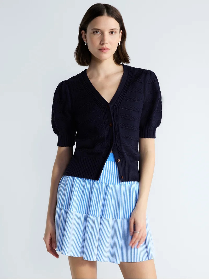 Free Assembly's Women's Cotton Crochet Cardigan Sweater with Puff Sleeves, Sizes XS-4X | Walmart (US)