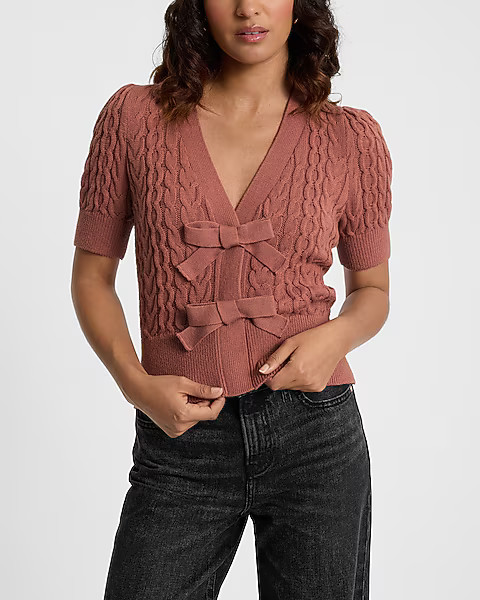 Cable Knit Double Bow Short Sleeve Cardigan | Express
