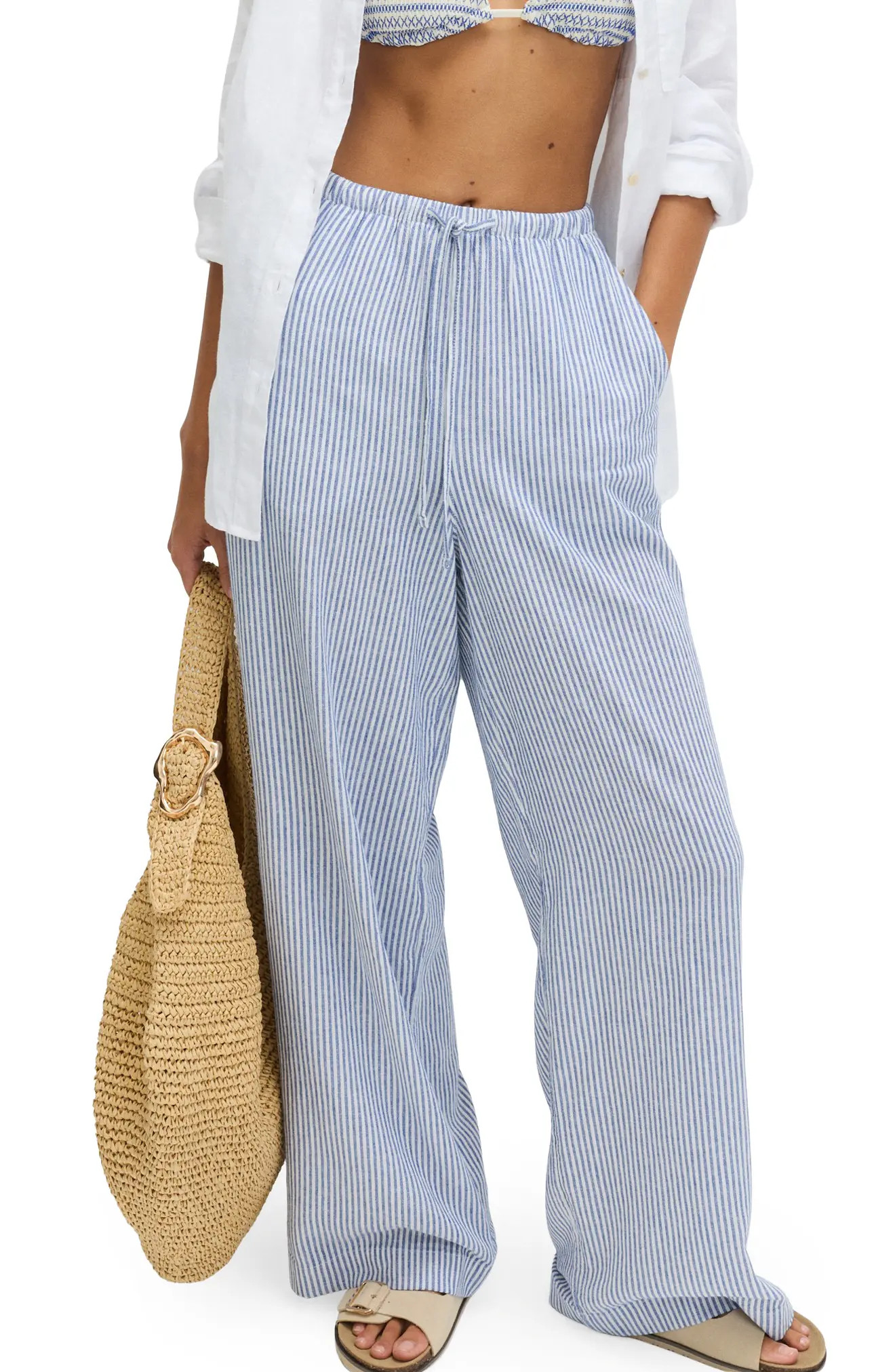 M&S Stripe Wide Leg Linen Blend Drawstring Pants (Women) | Nordstrom | Nordstrom