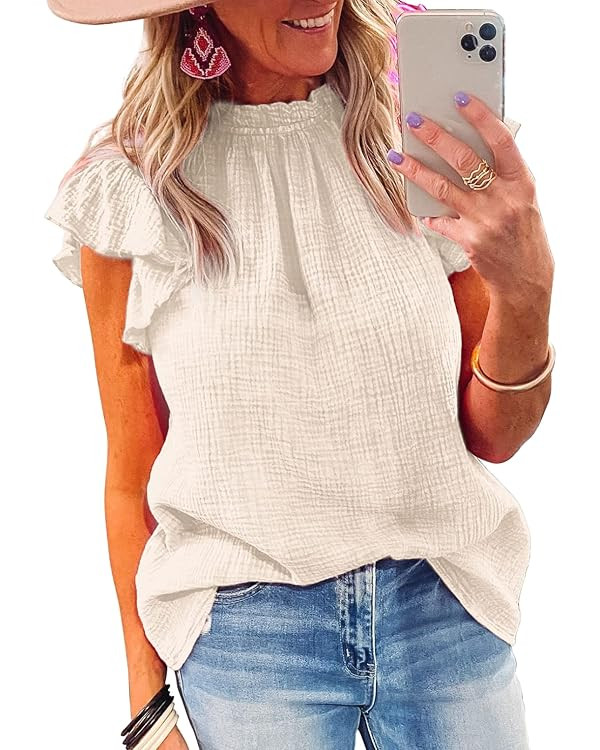 Dokotoo Casual Blouses for Women Crewneck Smocked Ruffle Short Sleeve Babydoll Womens Tops | Amazon (US)