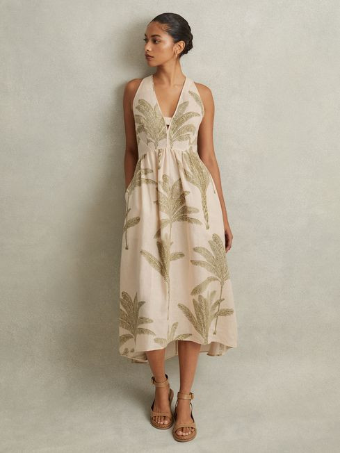 Linen Tropical Print Midi Dress | Reiss US