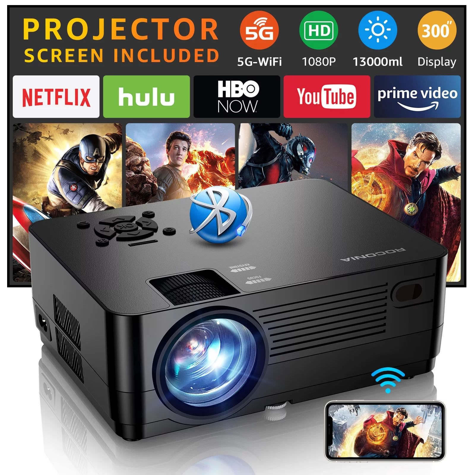 ROCONIA 5G WiFi Bluetooth Native 1080P Projector, 13000LM Full HD Movie Projector, LCD Technology... | Walmart (US)