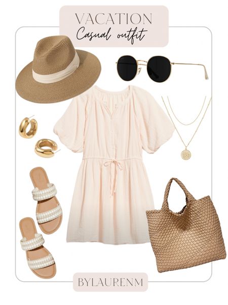 Vacation outfit. Spring break outfit. Neutral outfit spring. Packable hat for travel, old navy mini dress, woven sandals from Target, woven tote bag Amazon, gold hoop earrings, layered golden necklace, round sunglasses. 

#LTKunder50 #LTKsalealert #LTKunder100