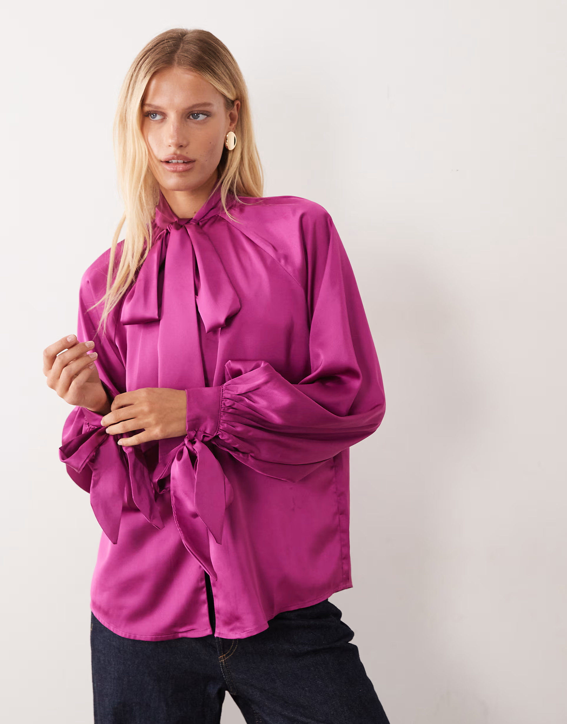 ASOS DESIGN satin tie neck button down blouse in magenta | ASOS (Global)