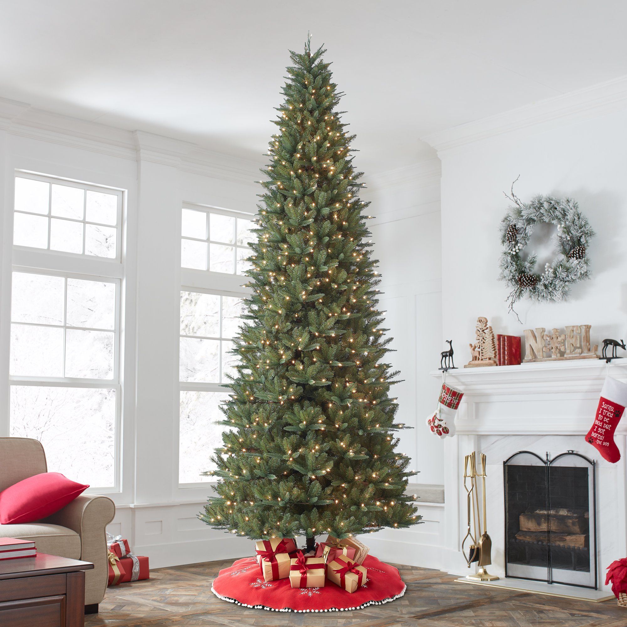 Holiday Time Pre-Lit Rockford Sure-Lit Pole Slim Pine Artificial Christmas Tree, Clear Lights, Gr... | Walmart (US)