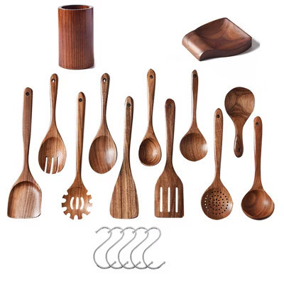 13-Piece Acacia Wood Cooking Utensil Set with Holder Spoon Rest Hooks | Target