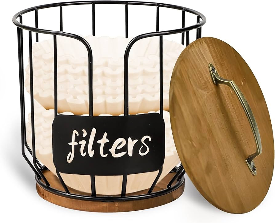 Tanggiteck Large Capacity Wooden Coffee Filter Paper Holder with Lid, Cylindrical Metal Coffee Fi... | Amazon (US)