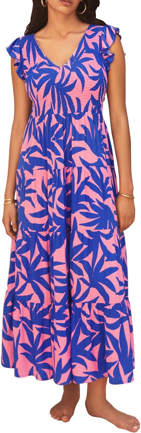 PRETTYGARDEN Women's Summer Flowy Maxi Dress Casual Cap Sleeve V Neck Smocked Beach Sundress | Amazon (US)