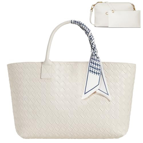 KOOIJNKO Woven Tote Bag for Women Woven Bag Purse Large Tote Purses 15.6L Vegan Leather Top-Handle Crossbody Shoulder Handbag 3 Pcs Kit, Beige | Amazon (US)