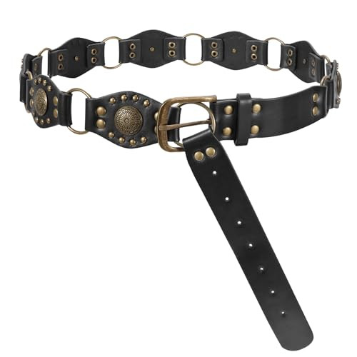 LEACOOLKEY Western Concho Rivet Belt for Women Vintage Leather Belt Western Waist Belt for Skirts Jeans | Amazon (US)