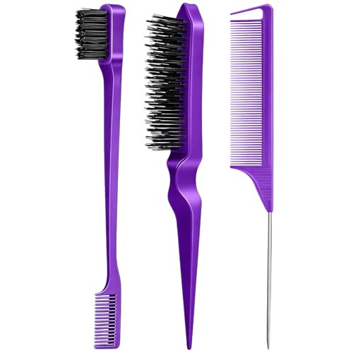 3 Pieces Hair Styling Comb Set Teasing Brush Rat Tail Comb Edge Brush for Edge&Back Brushing, Combing, Slicking Hair for Women (Purple) | Amazon (US)