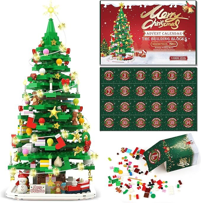 Advent Calendar 2023 Christmas Tree Building Toy Set with LED light, 1066 Pieces Christmas Countd... | Amazon (US)